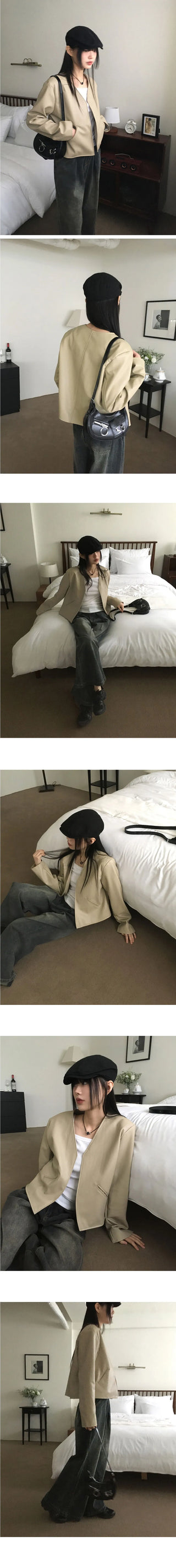 TF no-collar V short leather jacket