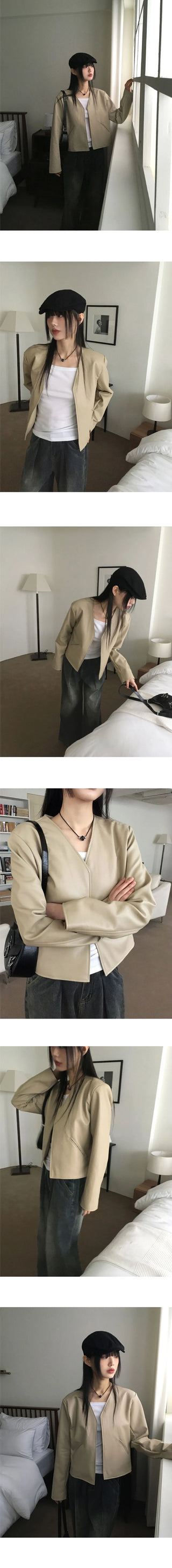 TF no-collar V short leather jacket