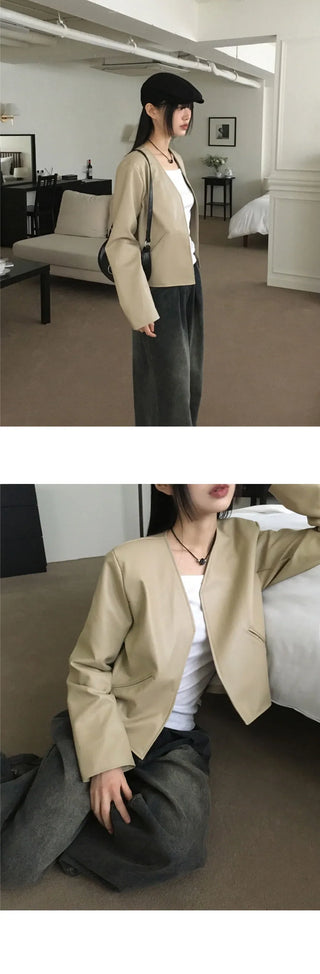 TF no-collar V short leather jacket
