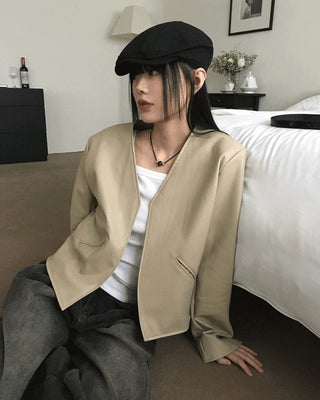 TF no-collar V short leather jacket