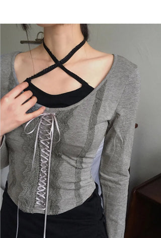 PKA Lace Strap Sleeveless Integrated Fleece-lined Rolled Long Sleeve T-Shirt