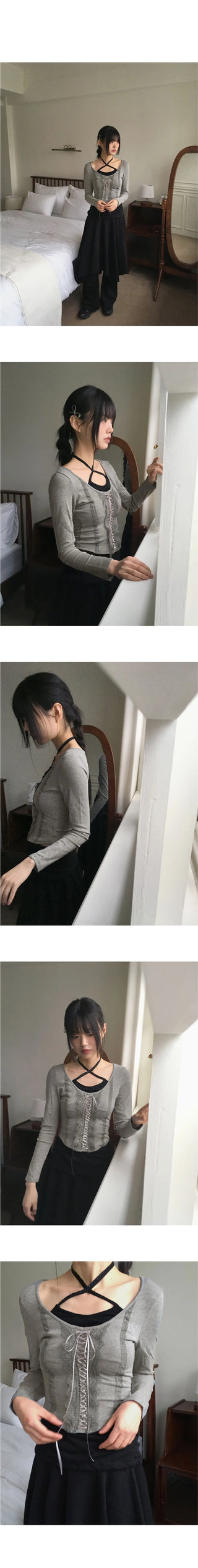 PKA Lace Strap Sleeveless Integrated Fleece-lined Rolled Long Sleeve T-Shirt