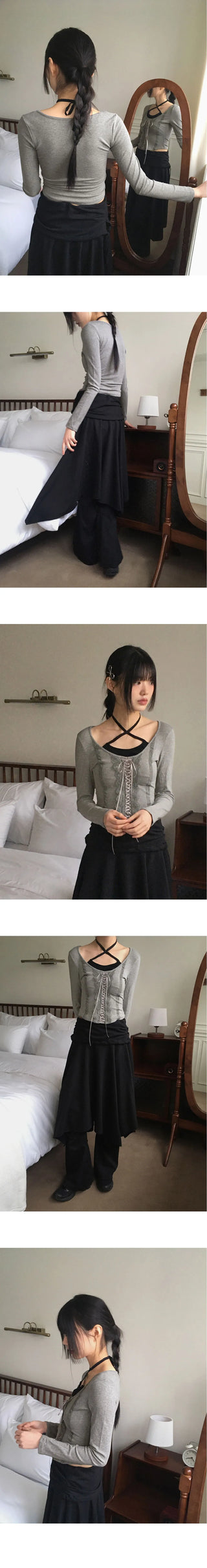 PKA Lace Strap Sleeveless Integrated Fleece-lined Rolled Long Sleeve T-Shirt