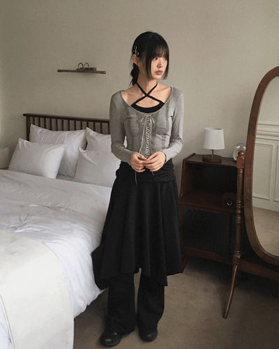 PKA Lace Strap Sleeveless Integrated Fleece-lined Rolled Long Sleeve T-Shirt
