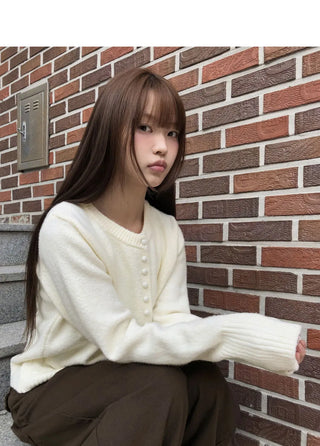 Rusha bean button long sleeve round neck cardigan