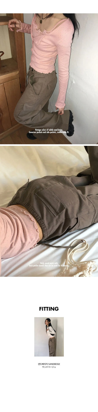 Delpha Vintage Pintucked Cotton Two-Way Long Wide Jogger Cargo Pants