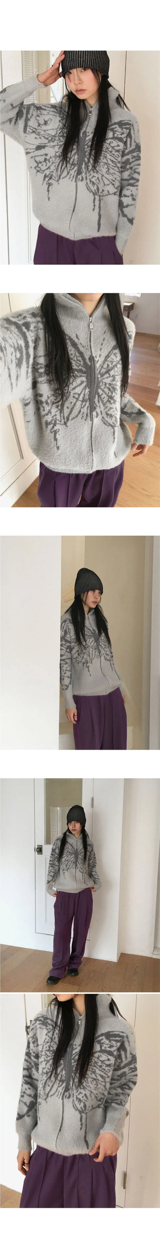 Nopel Vintage Butterfly Angora High Neck Long Sleeve Cardigan Zip Up
