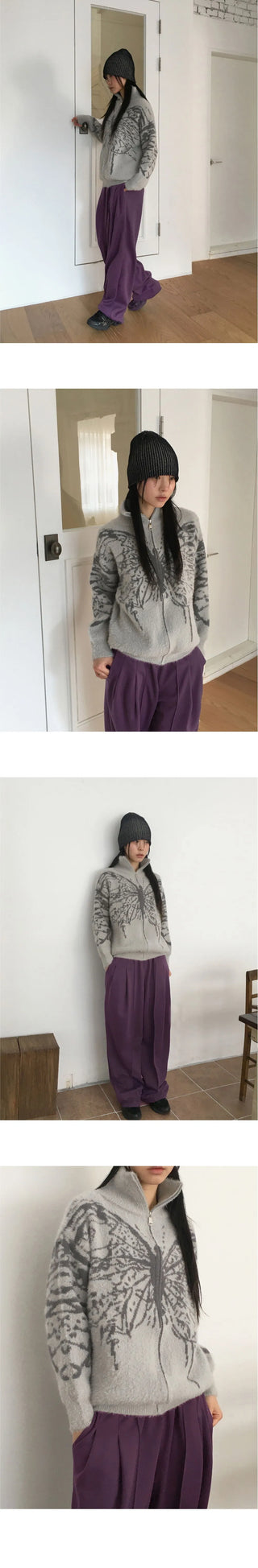 Nopel Vintage Butterfly Angora High Neck Long Sleeve Cardigan Zip Up
