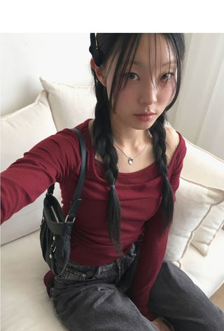 Rition Split outer Fleece-lined halter sleeveless set shirring deep one-neck long sleeve t-shirt
