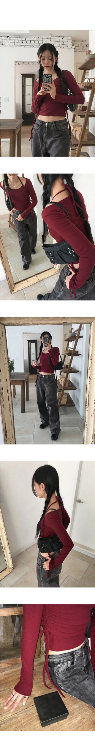Rition Split outer Fleece-lined halter sleeveless set shirring deep one-neck long sleeve t-shirt