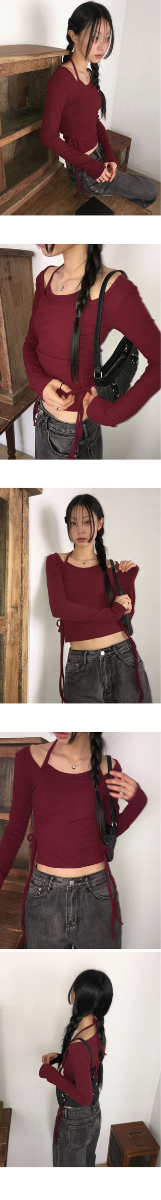 Rition Split outer Fleece-lined halter sleeveless set shirring deep one-neck long sleeve t-shirt