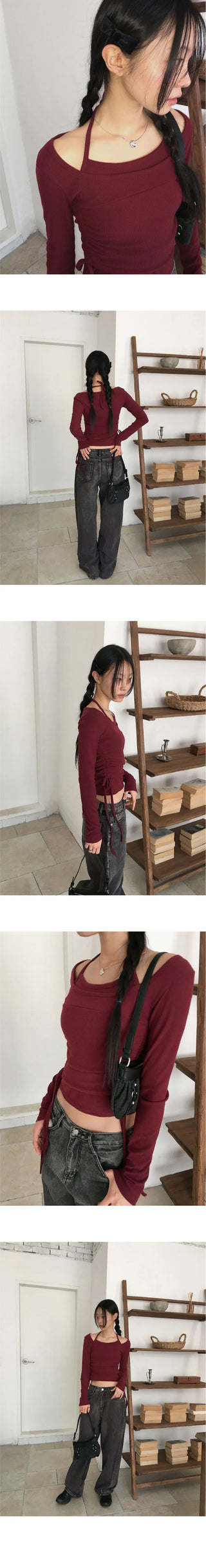 Rition Split outer Fleece-lined halter sleeveless set shirring deep one-neck long sleeve t-shirt
