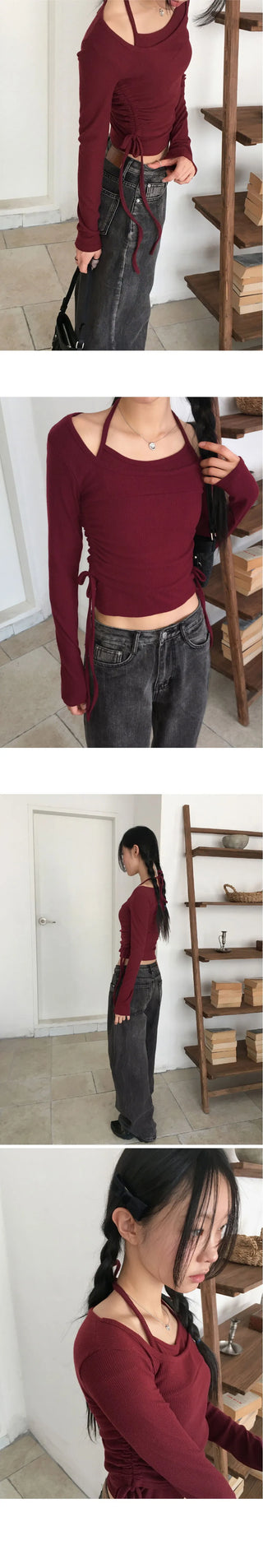 Rition Split outer Fleece-lined halter sleeveless set shirring deep one-neck long sleeve t-shirt