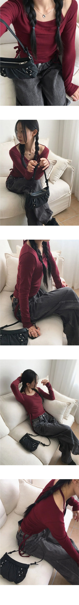 Rition Split outer Fleece-lined halter sleeveless set shirring deep one-neck long sleeve t-shirt