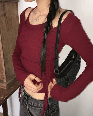 Rition Split outer Fleece-lined halter sleeveless set shirring deep one-neck long sleeve t-shirt