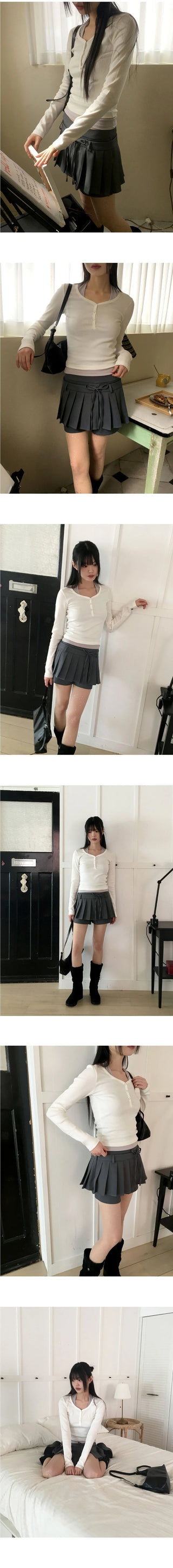 Gav Snap Button U-neck Long Sleeve T-Shirt