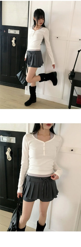 Gav Snap Button U-neck Long Sleeve T-Shirt