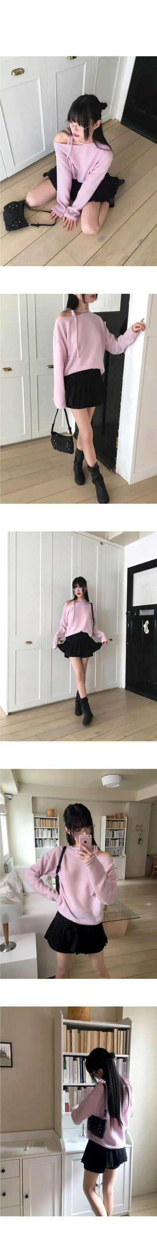 Klang ribbon strap outer Fleece-lined off-shoulder t-shirt