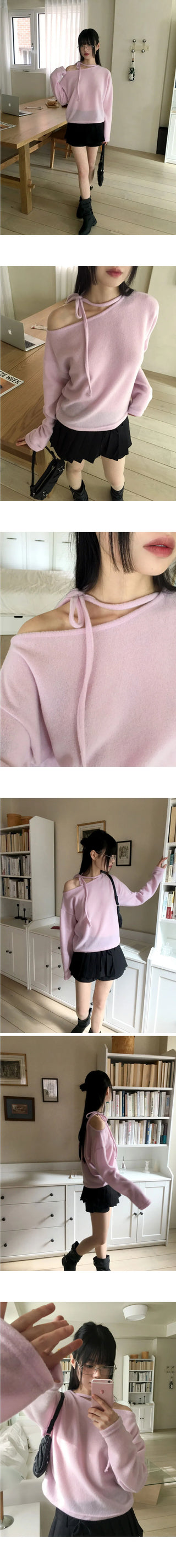 Klang ribbon strap outer Fleece-lined off-shoulder t-shirt