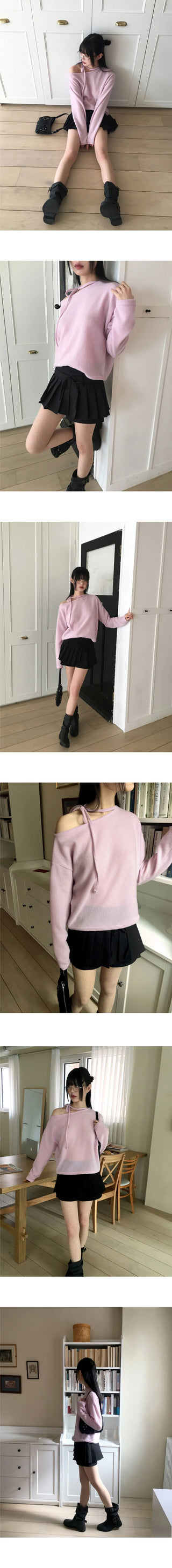 Klang ribbon strap outer Fleece-lined off-shoulder t-shirt