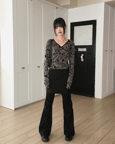 Zlin paisley velvet flower jacquard wrap long sleeve t-shirt
