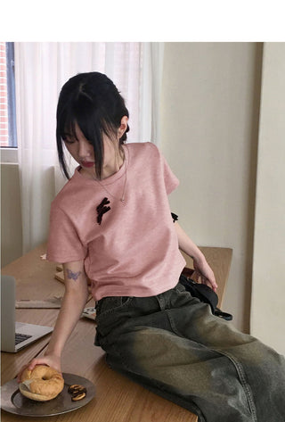 Luce Velvet Ribbon Terry Cropped Short Sleeve T-Shirt