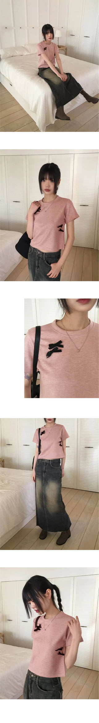 Luce Velvet Ribbon Terry Cropped Short Sleeve T-Shirt