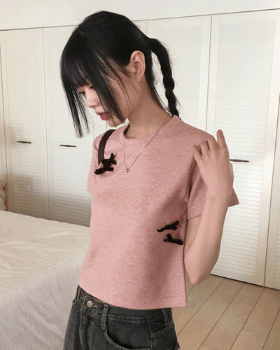 Luce Velvet Ribbon Terry Cropped Short Sleeve T-Shirt
