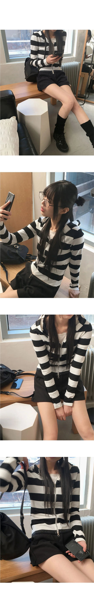 Harleen striped two-way slim hooded long-sleeved zip-up