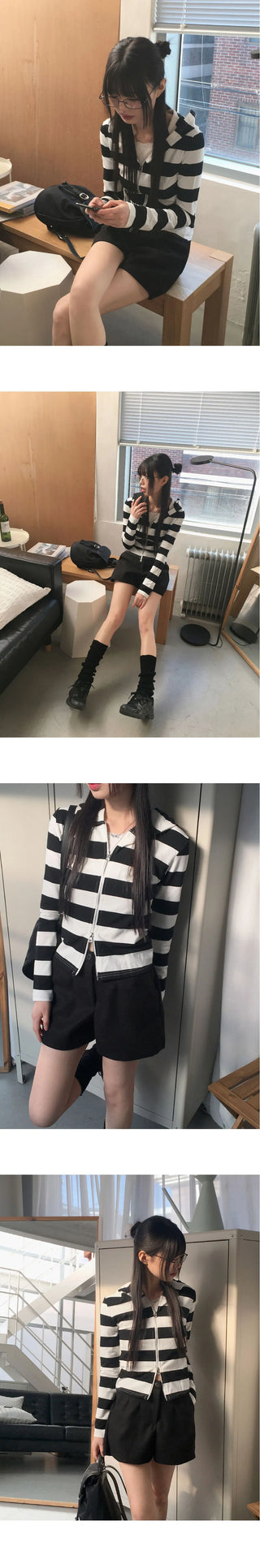 Harleen striped two-way slim hooded long-sleeved zip-up