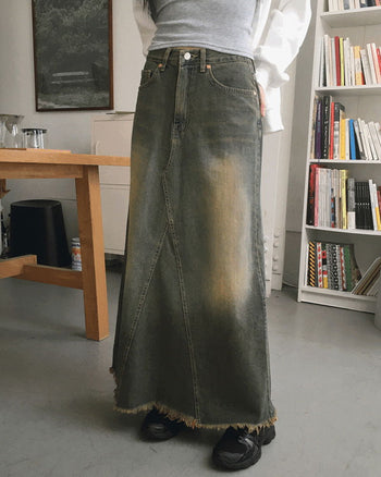 Yat Cat Sand Faded Damaged Maxi Denim Long Skirt