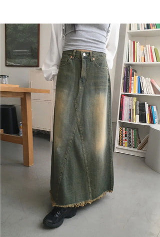 Yat Cat Sand Faded Damaged Maxi Denim Long Skirt