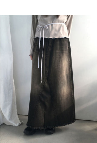 Yat Cat Sand Faded Damaged Maxi Denim Long Skirt