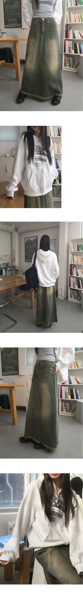 Yat Cat Sand Faded Damaged Maxi Denim Long Skirt