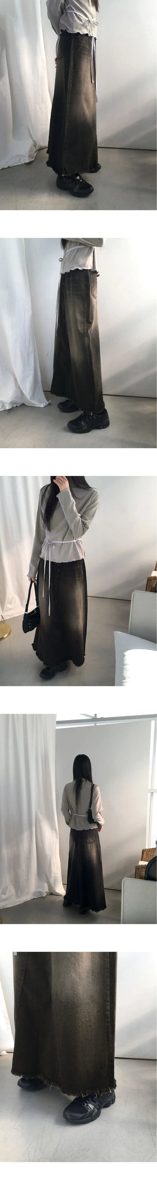 Yat Cat Sand Faded Damaged Maxi Denim Long Skirt
