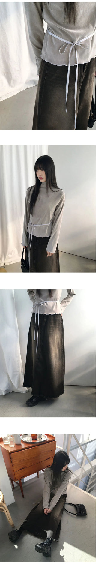 Yat Cat Sand Faded Damaged Maxi Denim Long Skirt