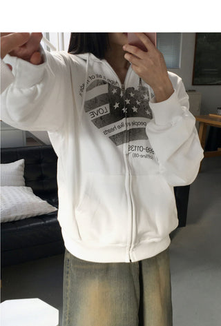 Some People Heart Flag Print Overfit Long Sleeve Hooded Zip-Up
