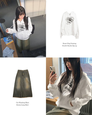 Some People Heart Flag Print Overfit Long Sleeve Hooded Zip-Up