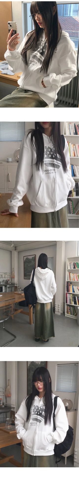 Some People Heart Flag Print Overfit Long Sleeve Hooded Zip-Up