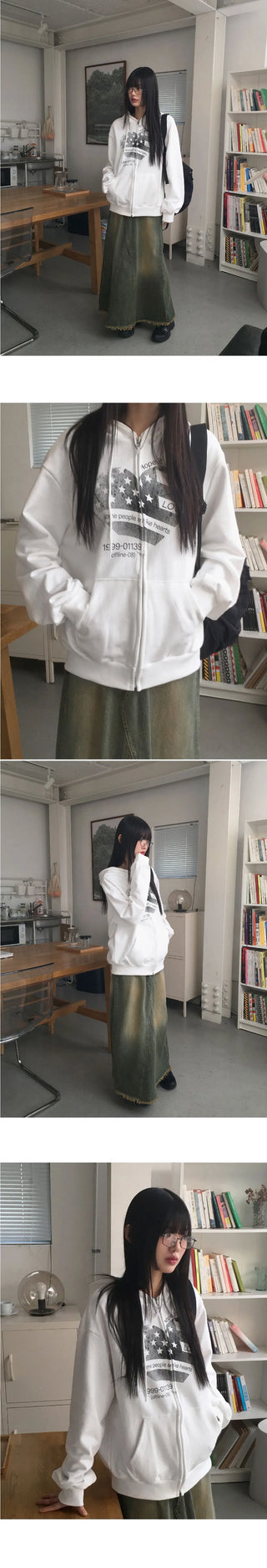 Some People Heart Flag Print Overfit Long Sleeve Hooded Zip-Up