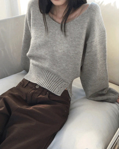 BN off-shoulder two-way button slit V-Neck long sleeve Knitwear