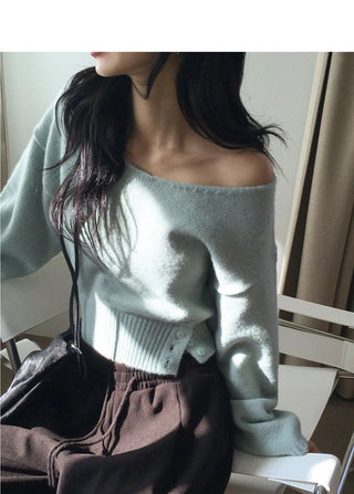 BN off-shoulder two-way button slit V-Neck long sleeve Knitwear
