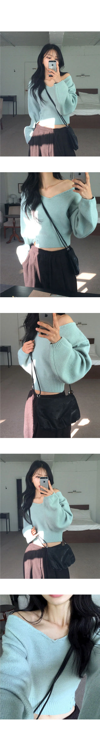 BN off-shoulder two-way button slit V-Neck long sleeve Knitwear