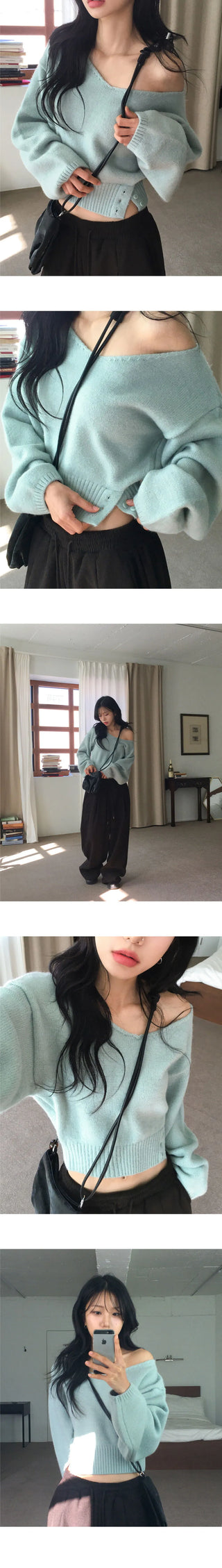 BN off-shoulder two-way button slit V-Neck long sleeve Knitwear
