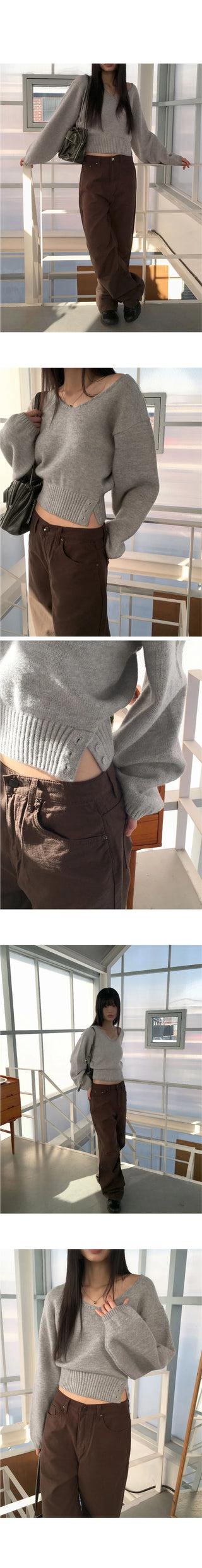 BN off-shoulder two-way button slit V-Neck long sleeve Knitwear