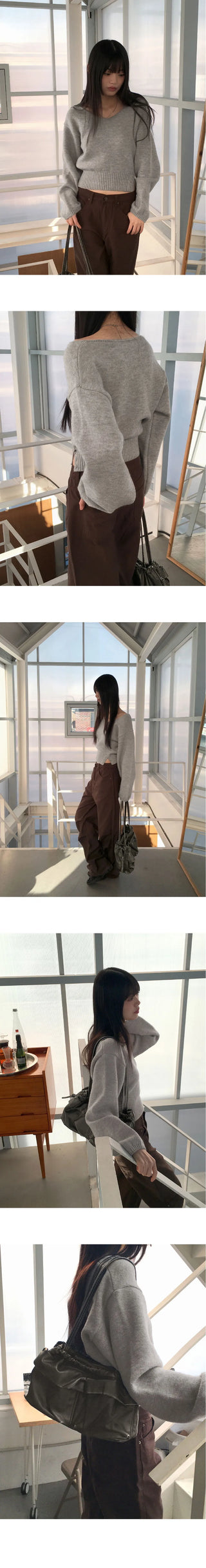 BN off-shoulder two-way button slit V-Neck long sleeve Knitwear