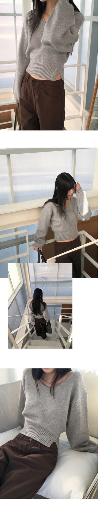 BN off-shoulder two-way button slit V-Neck long sleeve Knitwear