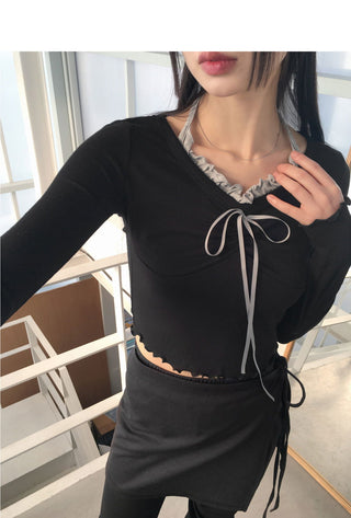 Chilling Ballet Core Shirring Ribbon Wave Sleeveless Integrated Long Sleeve T-Shirt