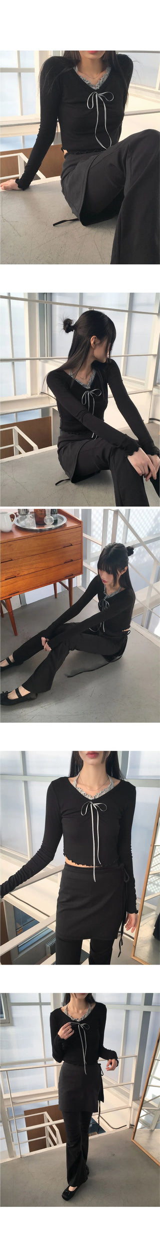 Chilling Ballet Core Shirring Ribbon Wave Sleeveless Integrated Long Sleeve T-Shirt