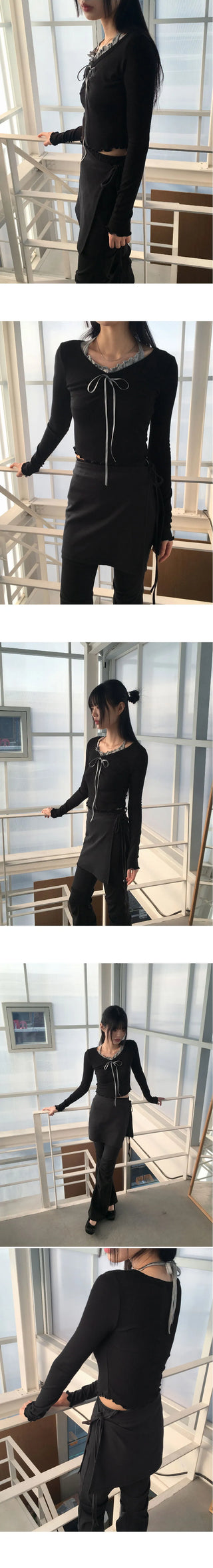 Chilling Ballet Core Shirring Ribbon Wave Sleeveless Integrated Long Sleeve T-Shirt